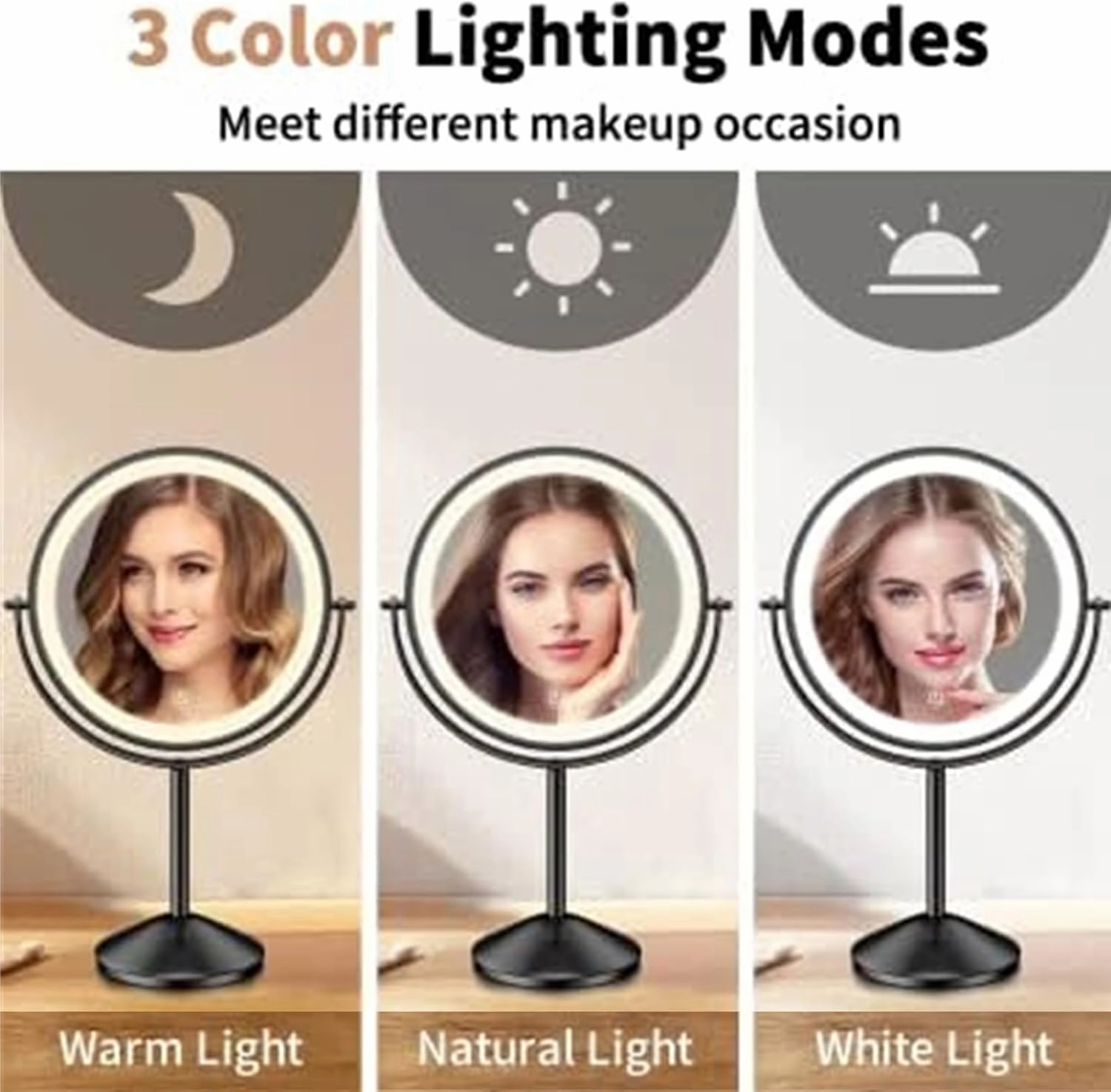 Lighted Standing Makeup Mirror, 1X/10X Magnifying Vanity Mirror with 3 Color Lights, Rechargeable Dimming Double Sided LED Tabletop Mirror,Chrome
