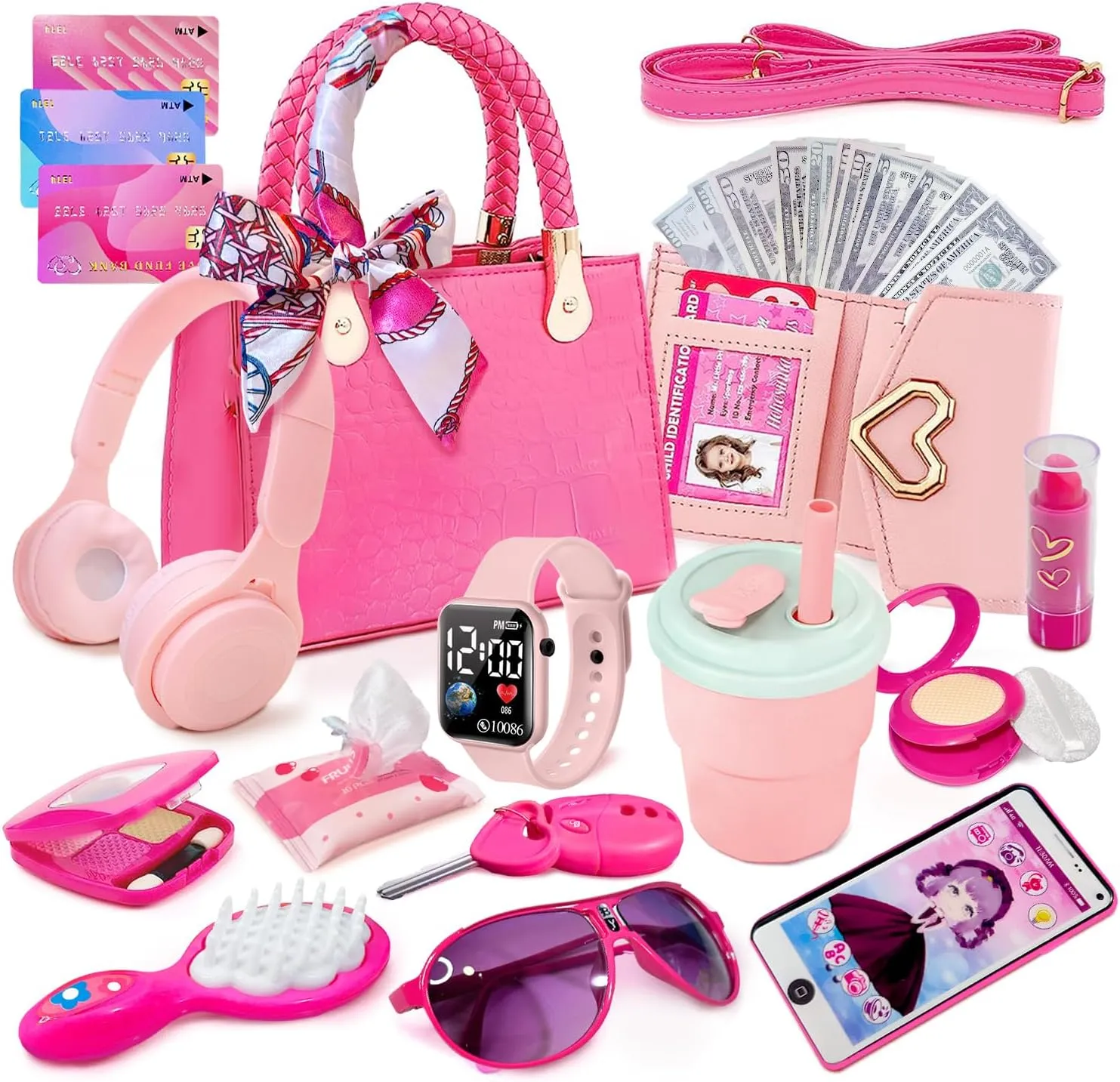 Little Girl Purse with Pretend Makeup for Toddlers, Kids Play Purse Set - Includes Handbag, Pretend Play Headset, Wallet, Phones, Sunglasses, Keys, Credit Cards, Birthday Gift for Girls Age 3 