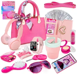 Little Girl Purse with Pretend Makeup for Toddlers, Kids Play Purse Set - Includes Handbag, Pretend Play Headset, Wallet, Phones, Sunglasses, Keys, Credit Cards, Birthday Gift for Girls Age 3 