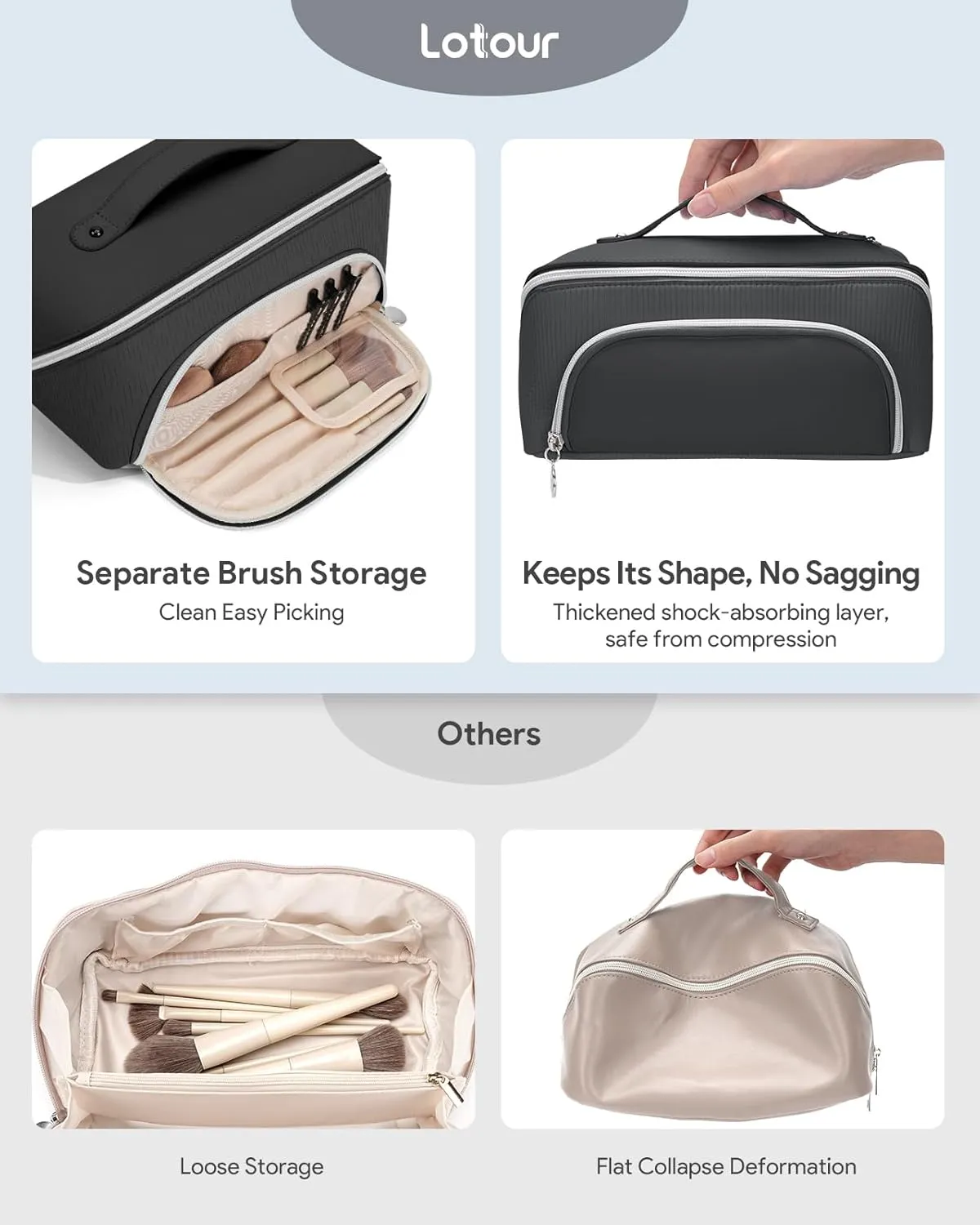 Lotour Makeup Bag Organizer Travel Cosmetic Bag, Large Capacity Skincare Bag for Women Girls, Portable Pouch Open Flat Toiletry Bag for Travel Essentials Toiletries Accessories