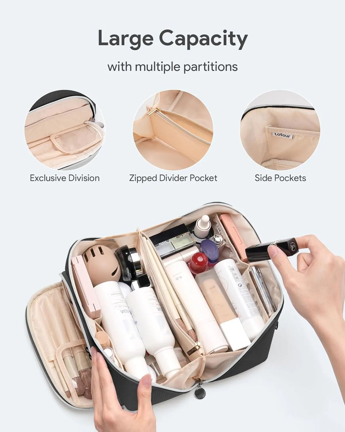 Lotour Makeup Bag Organizer Travel Cosmetic Bag, Large Capacity Skincare Bag for Women Girls, Portable Pouch Open Flat Toiletry Bag for Travel Essentials Toiletries Accessories