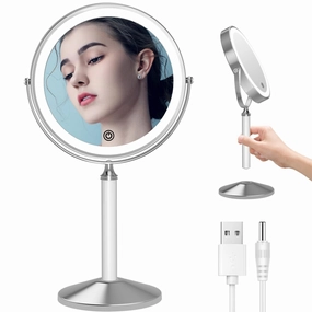 LOVESPEJO Lighted Makeup Mirror with Magnification 1X/10X, 8" Double-Sided Magnifying Mirror with Light, 3 Color Dimmable Detachable Cosmetic Mirror, Rechargeable LED Makeup Mirror, Chrome White