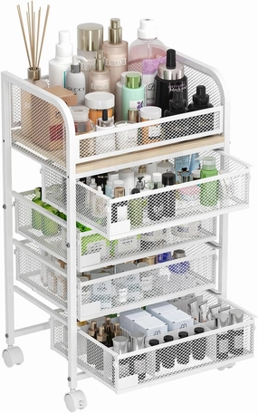 LOVMOR Makeup Cart Organizer with 4 Drawers, Large Floor Skincare Storage Organizers, Rolling Vanity Organizer and Storage, Cosmetic Holder for Perfume Skin Care Nail Polish Makeup brush Hair Tool