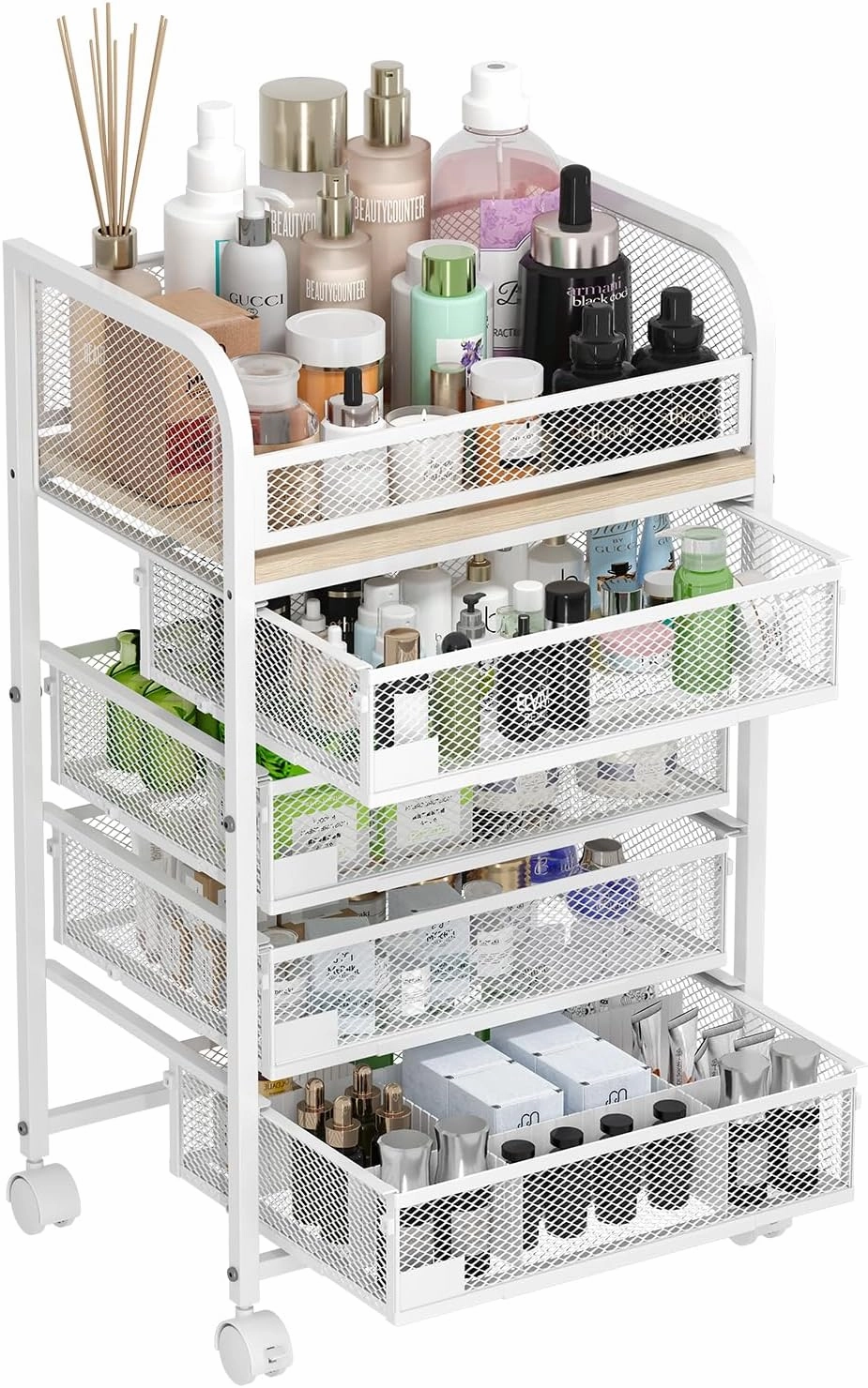 LOVMOR Makeup Cart Organizer with 4 Drawers, Large Floor Skincare Storage Organizers, Rolling Vanity Organizer and Storage, Cosmetic Holder for Perfume Skin Care Nail Polish Makeup brush Hair Tool