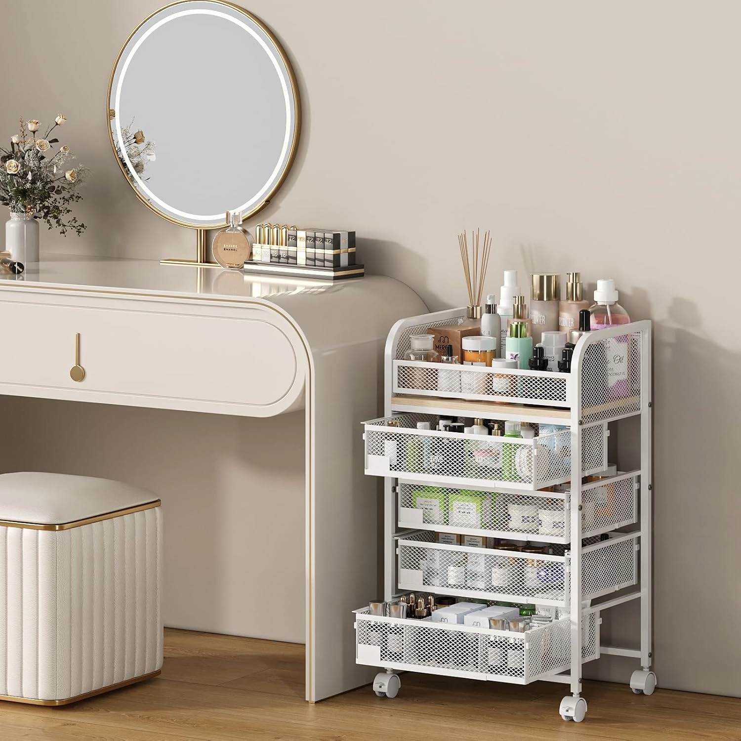 LOVMOR Makeup Cart Organizer with 4 Drawers, Large Floor Skincare Storage Organizers, Rolling Vanity Organizer and Storage, Cosmetic Holder for Perfume Skin Care Nail Polish Makeup brush Hair Tool