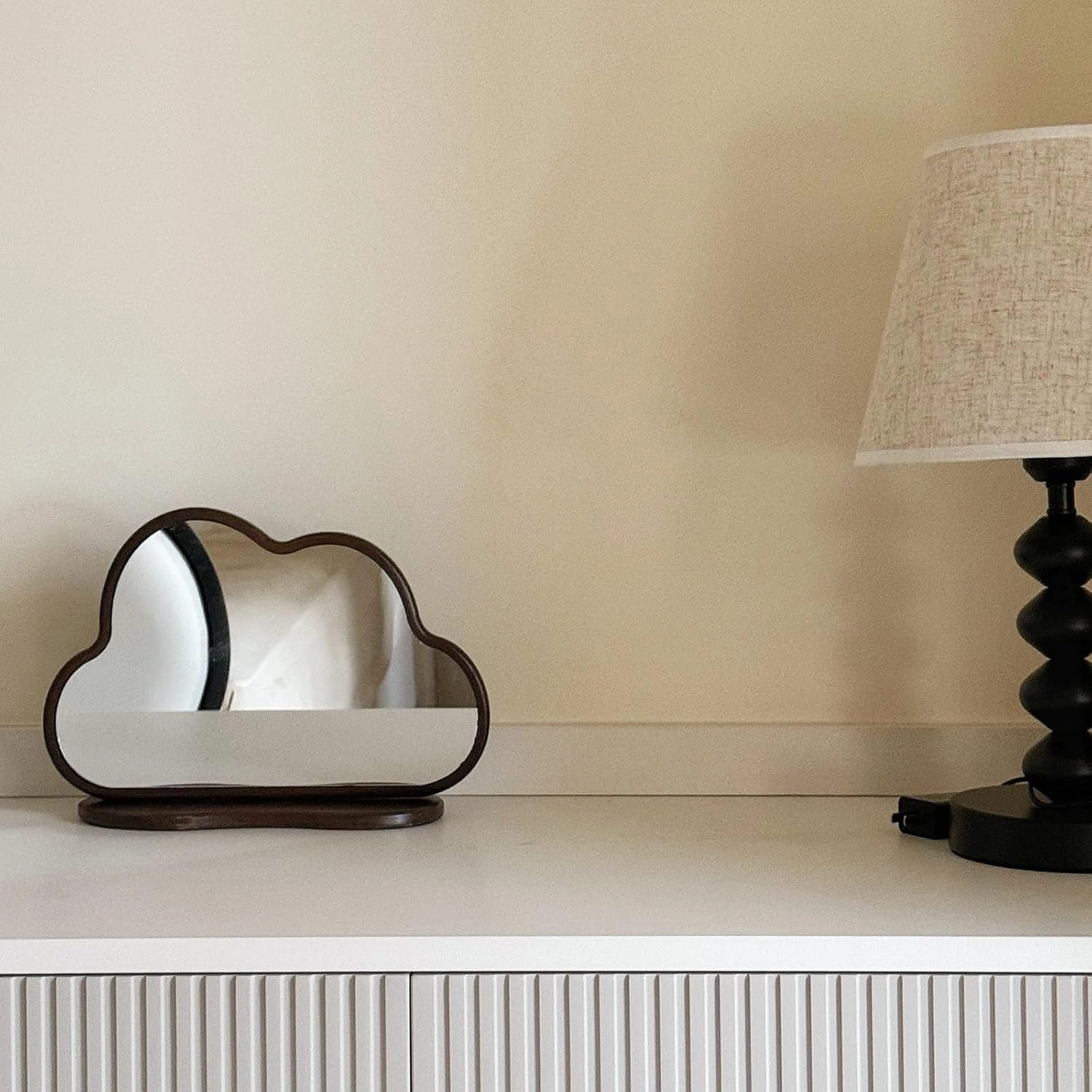 LTSRLL Cloud Shaped Tabletop Cosmetic Mirror Small Standing Vanity Mirror with Wooden Base for Makeup and Shaving(Wood)