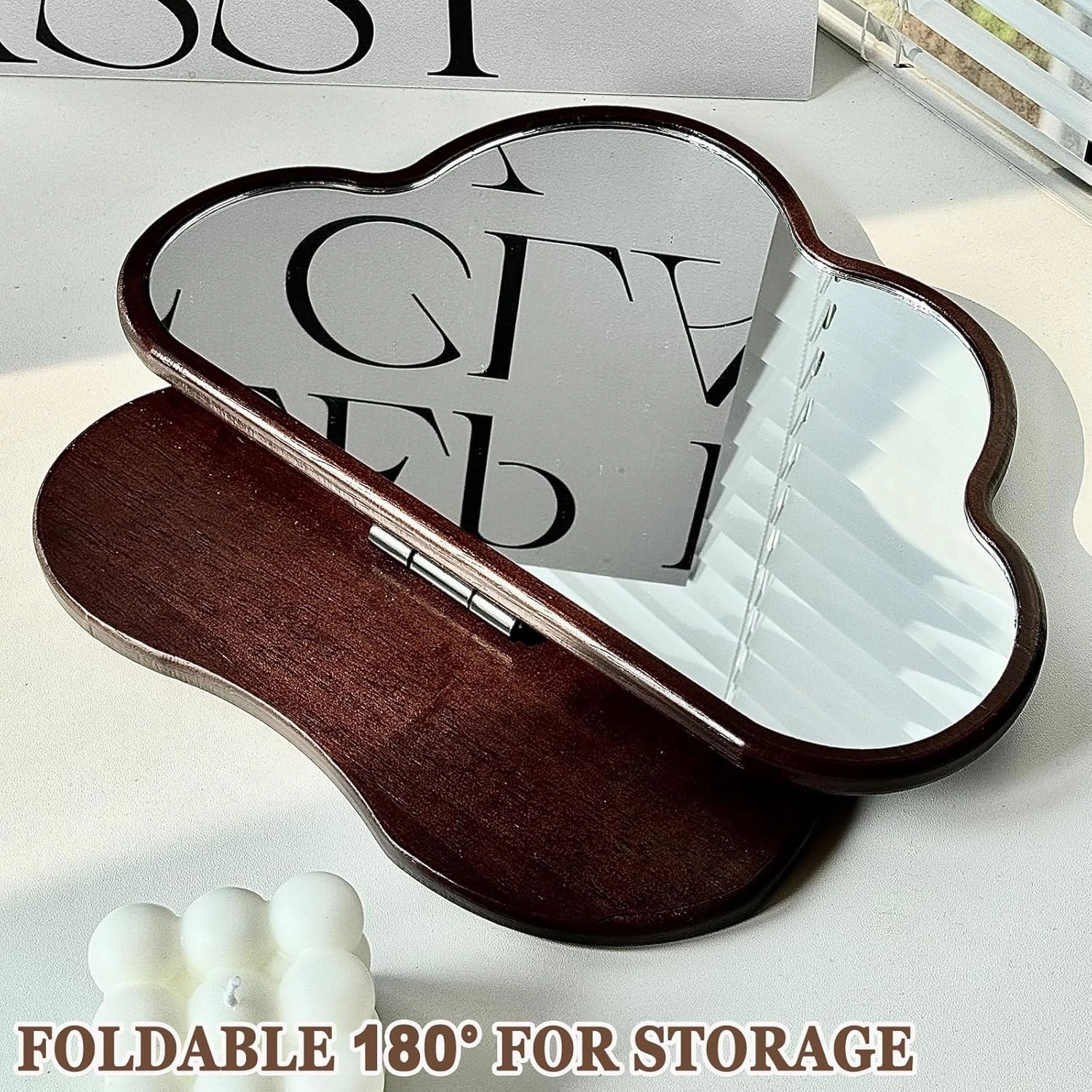 LTSRLL Cloud Shaped Tabletop Cosmetic Mirror Small Standing Vanity Mirror with Wooden Base for Makeup and Shaving(Wood)