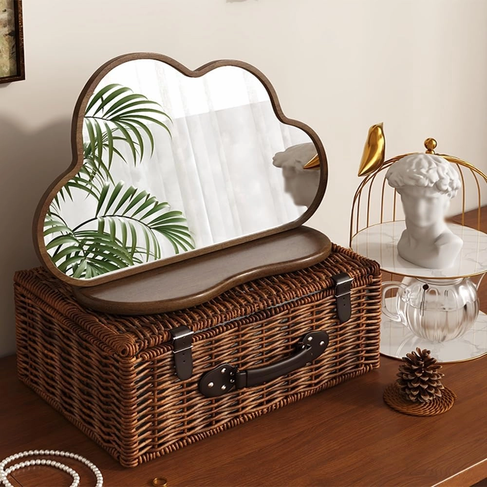 LTSRLL Cloud Shaped Tabletop Cosmetic Mirror Small Standing Vanity Mirror with Wooden Base for Makeup and Shaving(Wood)
