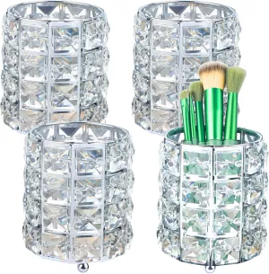 LUEXBOX 4 PCS Crystal Makeup Brush Holder, Bling Makeup Tools Organizer, Round Cosmetics Brush Storage Container for Table, Dresser, Bathroom, Bedroom Organization (Silver)