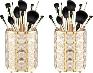 LUGUNU Makeup Brush Holder with Golden Crystal Bling – Elegant Vanity Organizer for Brushes, Pens & Pencils, Ideal for Bathroom or Office Countertop(2Pack)