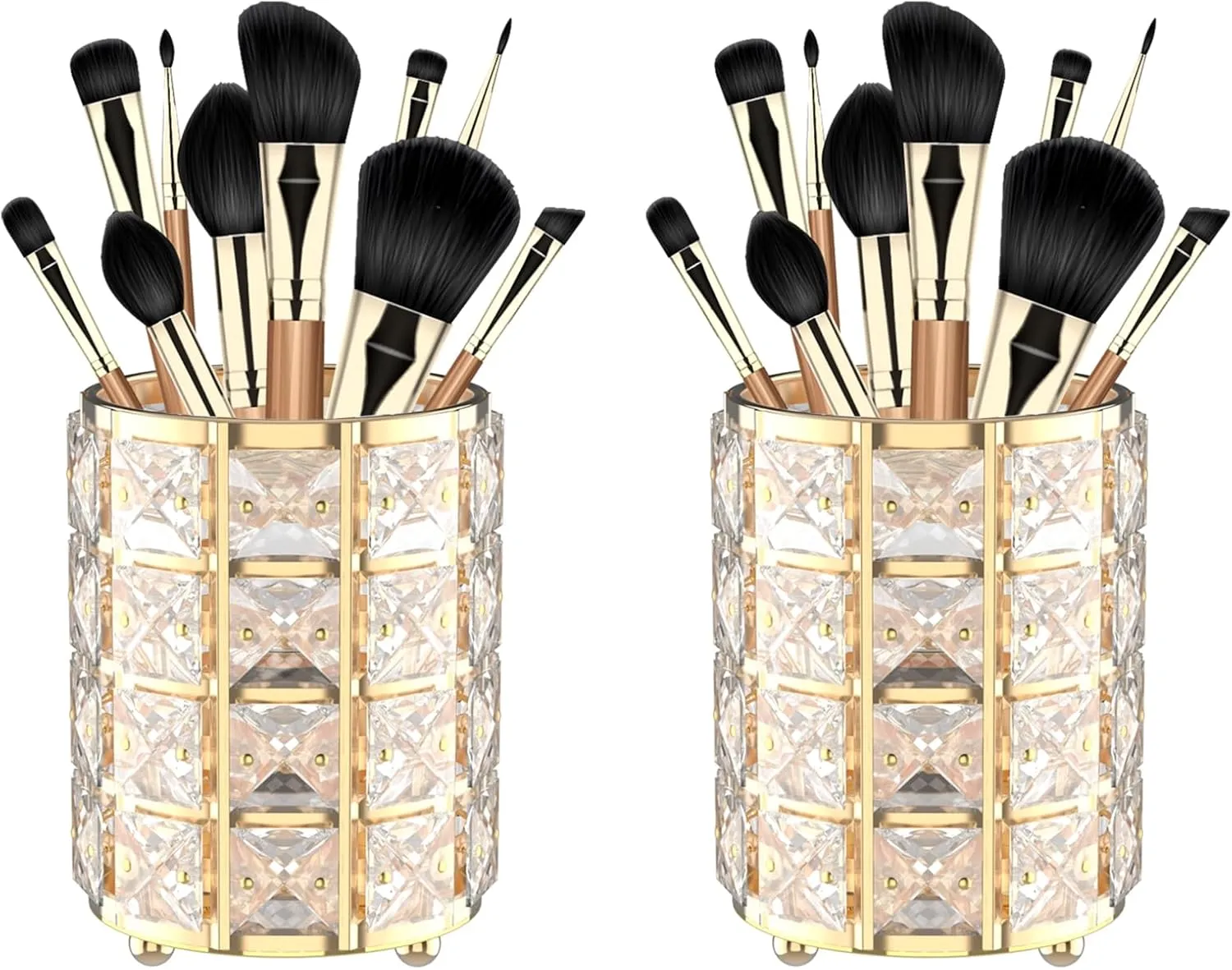 LUGUNU Makeup Brush Holder with Golden Crystal Bling – Elegant Vanity Organizer for Brushes, Pens & Pencils, Ideal for Bathroom or Office Countertop(2Pack)