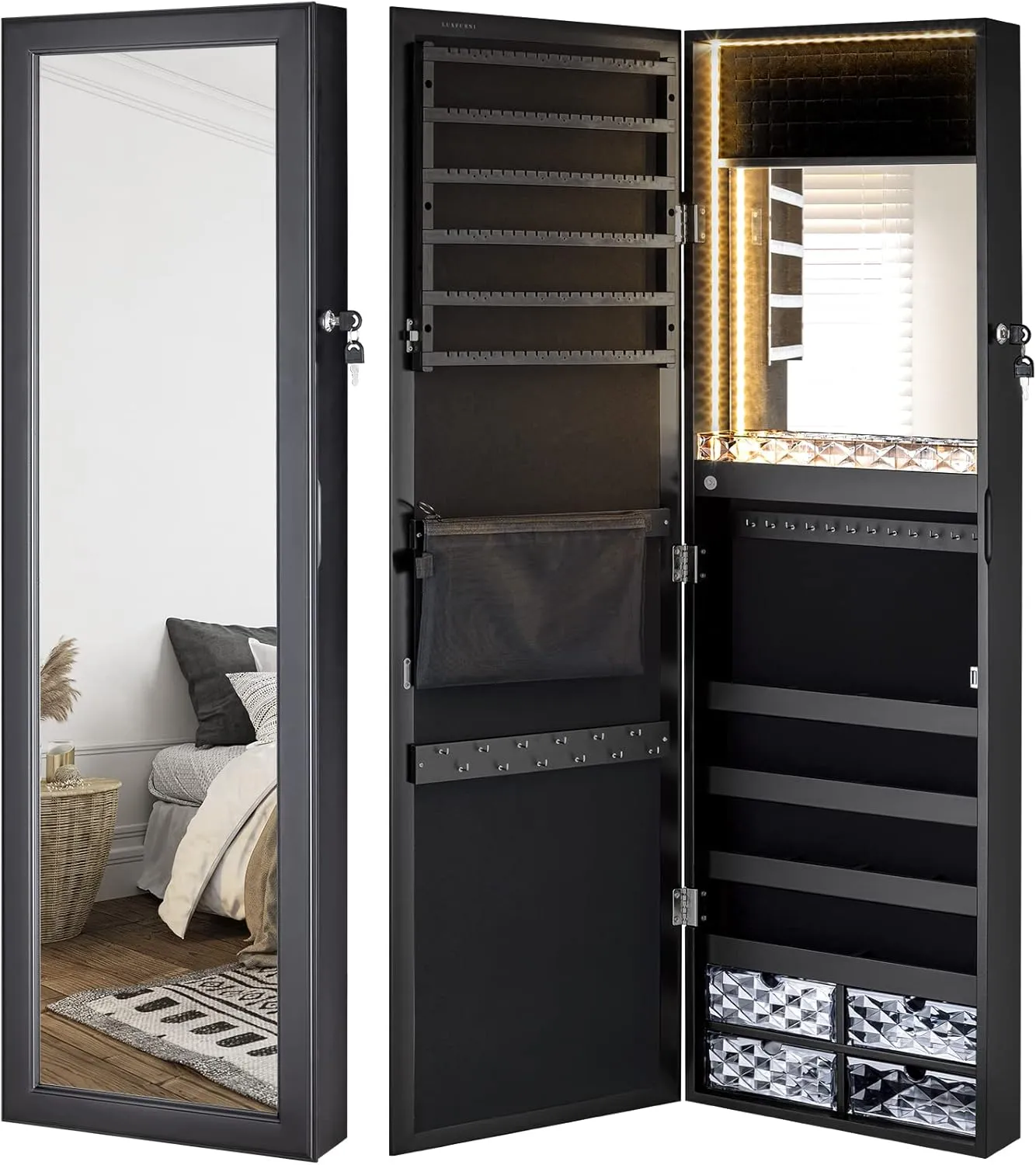 LUXFURNI LED Lights Mirror Jewelry Cabinet, 47.2" Wall Mounted/Door-Hanging, Lockable Jewelry Mirror Organizer (Black)
