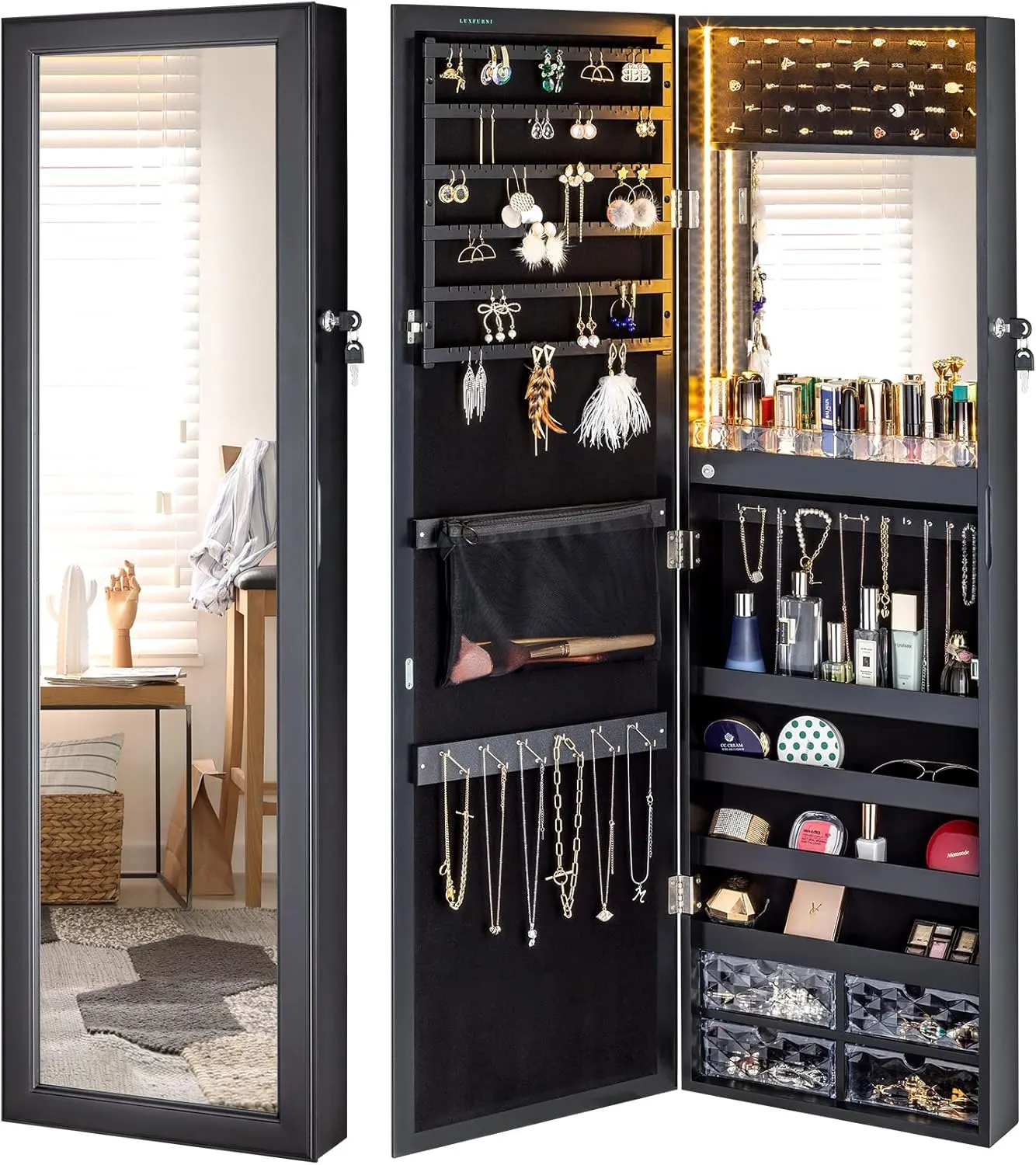 LUXFURNI LED Lights Mirror Jewelry Cabinet, 47.2" Wall Mounted/Door-Hanging, Lockable Jewelry Mirror Organizer (Black)