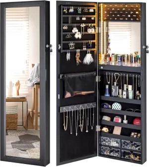 LUXFURNI LED Lights Mirror Jewelry Cabinet, 47.2" Wall Mounted/Door-Hanging, Lockable Jewelry Mirror Organizer (Black)