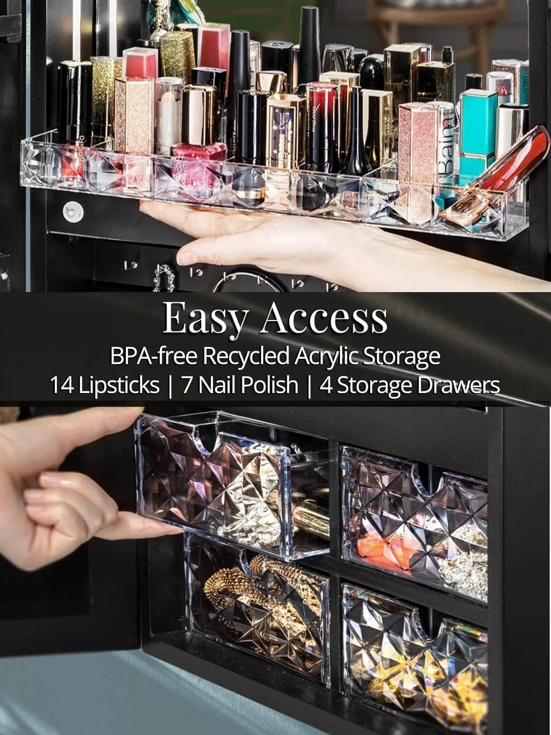 LUXFURNI LED Lights Mirror Jewelry Cabinet, 47.2" Wall Mounted/Door-Hanging, Lockable Jewelry Mirror Organizer (Black)