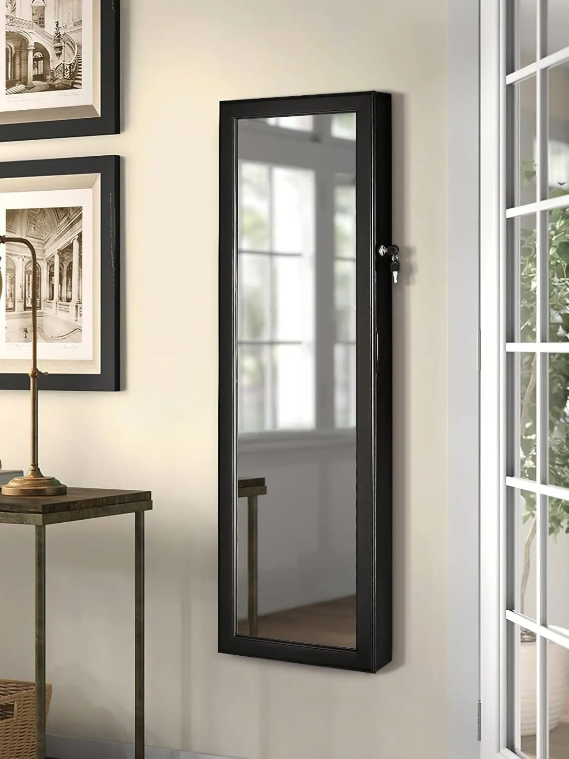 LUXFURNI LED Lights Mirror Jewelry Cabinet, 47.2" Wall Mounted/Door-Hanging, Lockable Jewelry Mirror Organizer (Black)
