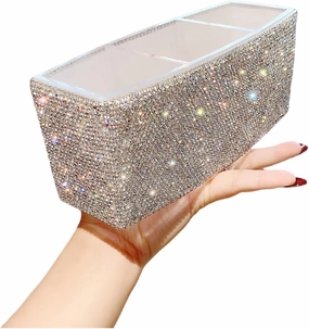 Luxury Bling Triple-Compartment Acrylic Makeup Brush Pen Holder – Creative and Stylish Desk Organizer Storage Box for Eyebrow Pencils, Lipsticks (Silver)