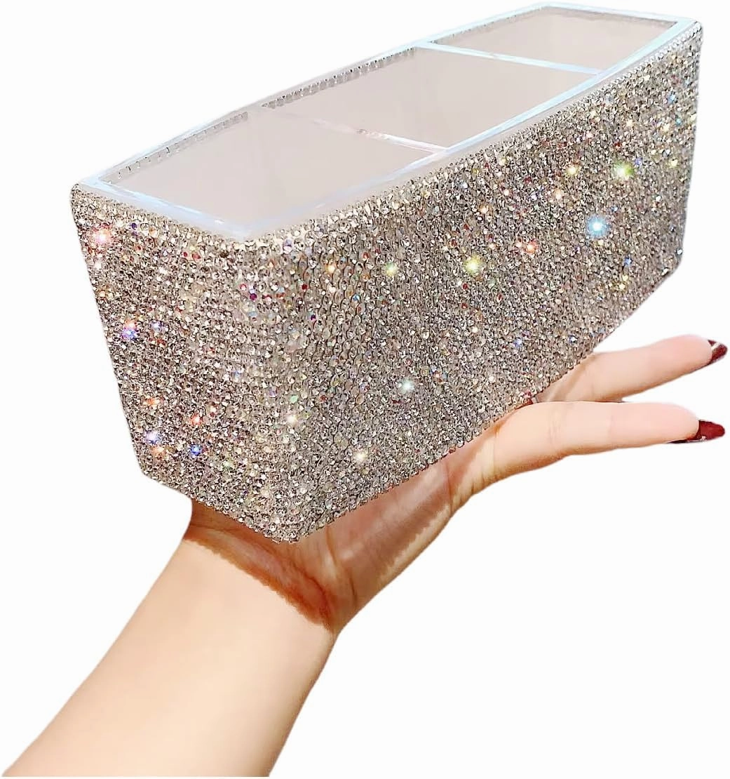 Luxury Bling Triple-Compartment Acrylic Makeup Brush Pen Holder – Creative and Stylish Desk Organizer Storage Box for Eyebrow Pencils, Lipsticks (Silver)