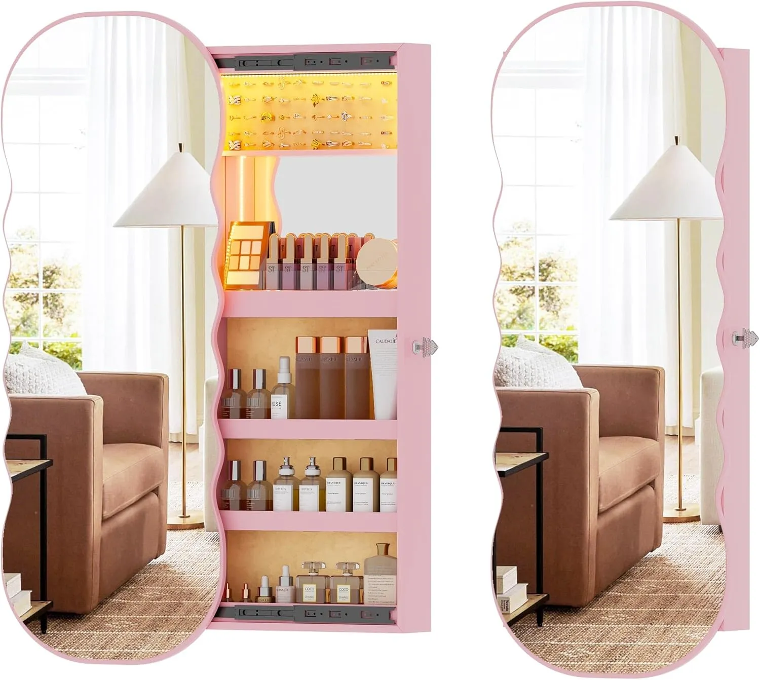 Lvifur Jewelry Armoires with LED Lights, Hanging Jewelry Storage Cabinet Lockable Wavy Mirror Jewelry Organizer, Lockable Frameless Mirror with Storage, LED Jewelry Cabinet Wall/Door Mounted(White)