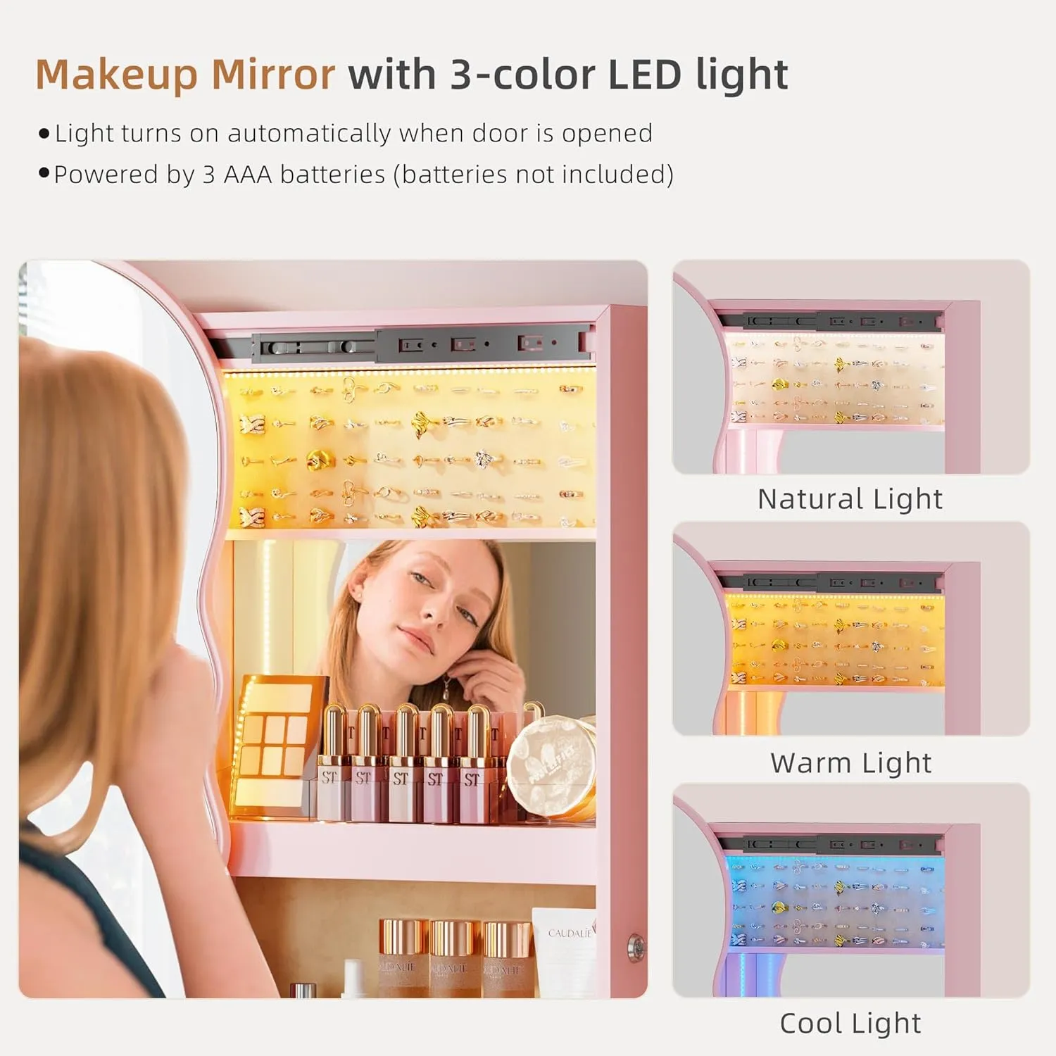 Lvifur Jewelry Armoires with LED Lights, Hanging Jewelry Storage Cabinet Lockable Wavy Mirror Jewelry Organizer, Lockable Frameless Mirror with Storage, LED Jewelry Cabinet Wall/Door Mounted(White)