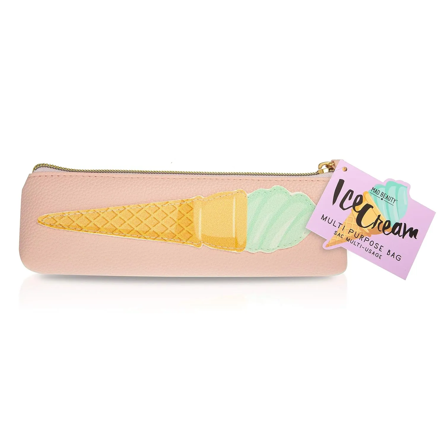 MAD Beauty Ice Cream Cone Cosmetic Makeup Bag Design Pouch with Zipper, Multi-Purpose, Beauty, Skincare Gelato Gift for Women, Adults, and Kids