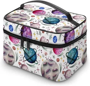 Makeup Bag Meteors Planets Stars Satellites Cosmetic Bag for Women Beauty Zipper Makeup Organizer PU Leather Waterproof Toiletry Train Case Watercolor Hand Drawn