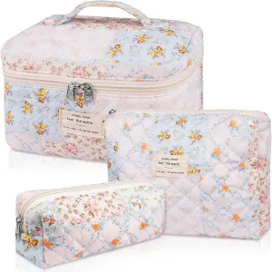 Makeup Bag Set, Quilted Makeup Bag, Large Floral Cosmetic Bag for Women, Cute Cotton Makeup Bags, Flower Travel Toiletry Organizer Bag (Folk Style)