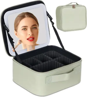 Makeup Bag with Mirror – Portable PU leather Travel Makeup Bag with LED Mirror, 3 Light Modes with Rechargeable 2000Mah Battery Makeup Bag with Brush Storage Eva Dividers with Zip Closure