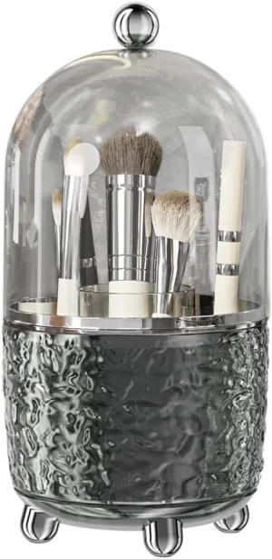 Makeup Brush Holder with Lid, 360° Rotating Cosmetic Tools Organizer with Cover, Dustproof Spinning Makeup Brush Organizer for Vanity, Ideal Gift for Girlfriend Wife Friends (Gray)