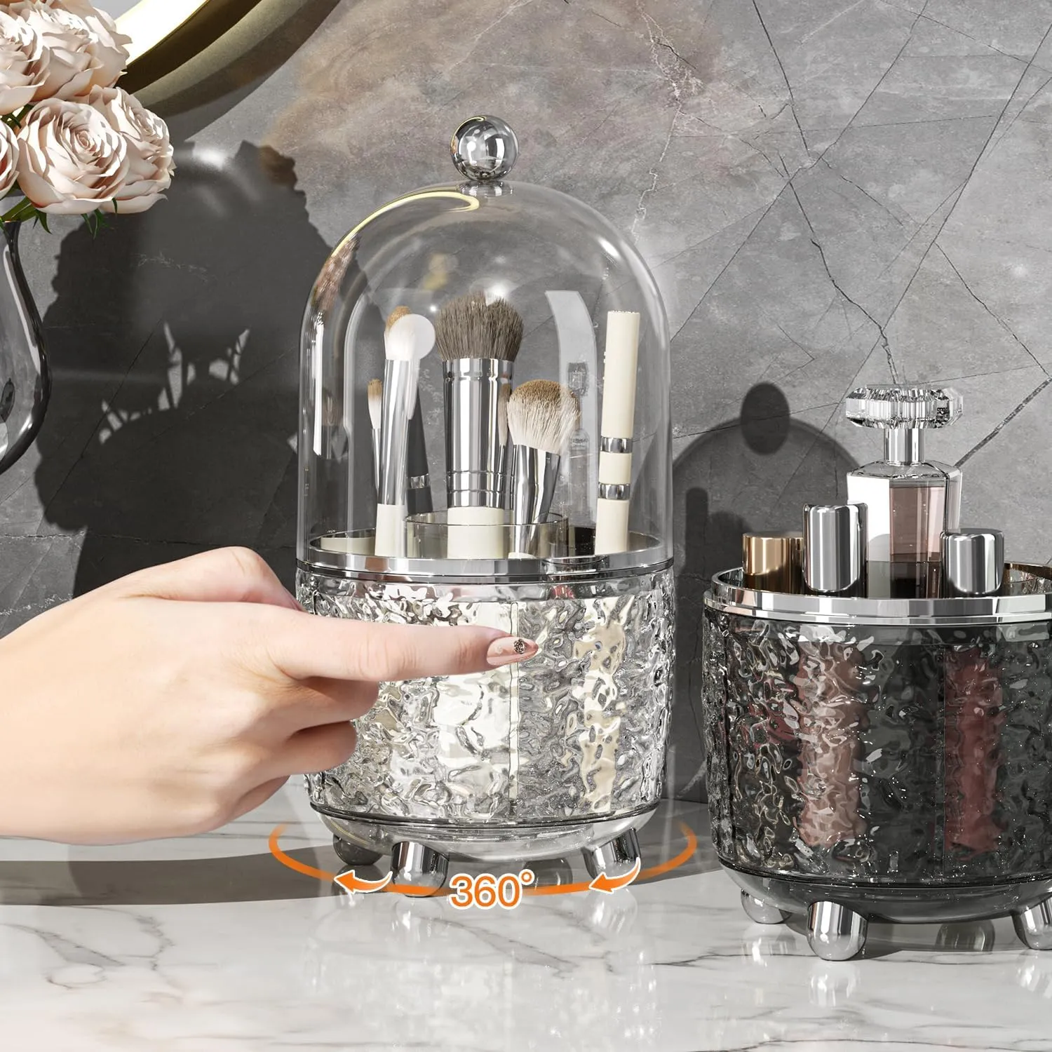 Makeup Brush Holder with Lid, 360° Rotating Cosmetic Tools Organizer with Cover, Dustproof Spinning Makeup Brush Organizer for Vanity, Ideal Gift for Girlfriend Wife Friends (Gray)
