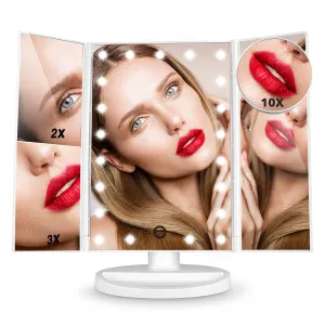 Makeup Mirror Vanity Mirror with Lights, Lighted Makeup Mirror with 1X 2X 3X 10X Magnifying, Touch Control Design, Dual Power Supply, Portable LED Makeup Mirror, Women Gift (White)