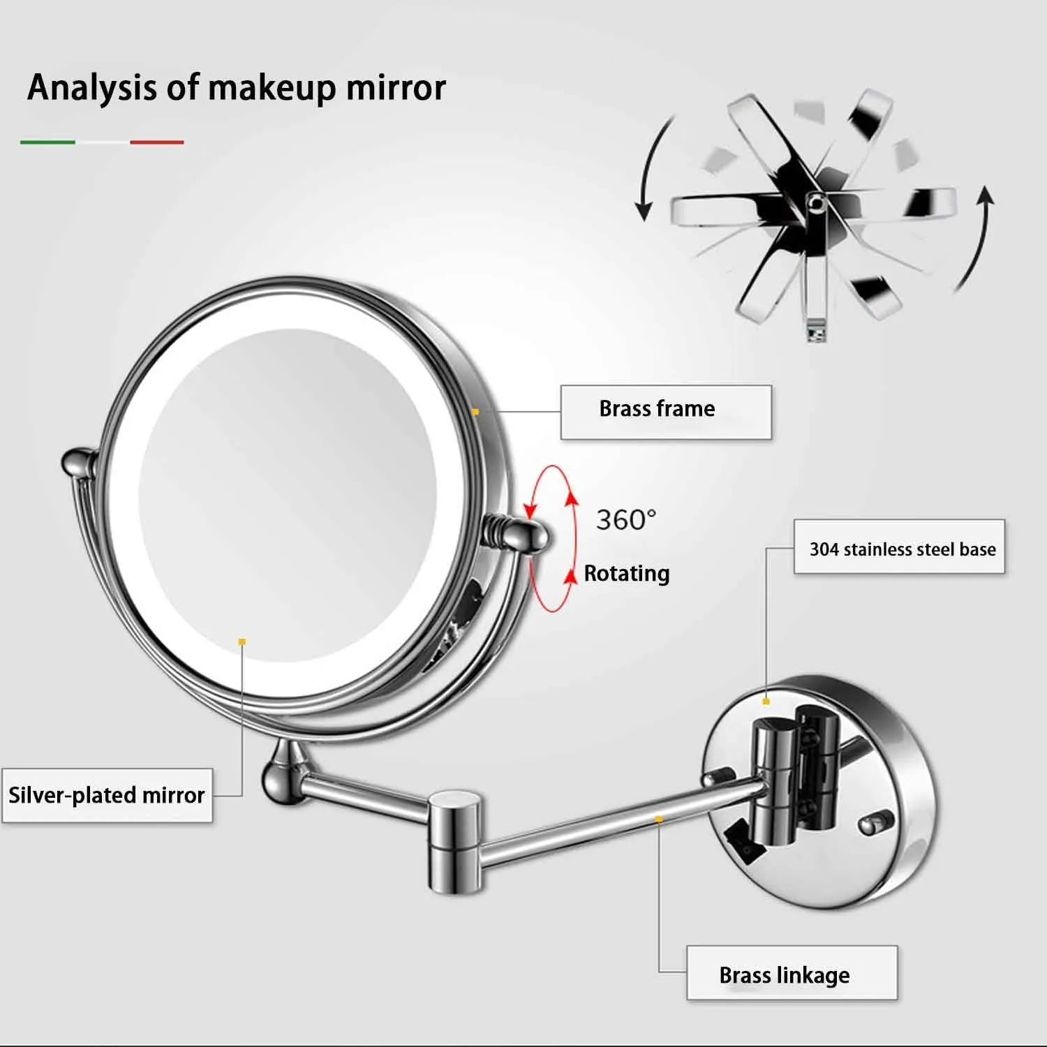 Makeup Mirror with Lights and Magnification 8 inch Double-Sided Brass Bathroom 360° Swivel Extendable Wall-Mounted LED Vanity MirrorRose Gold 10X(Gold,5X)