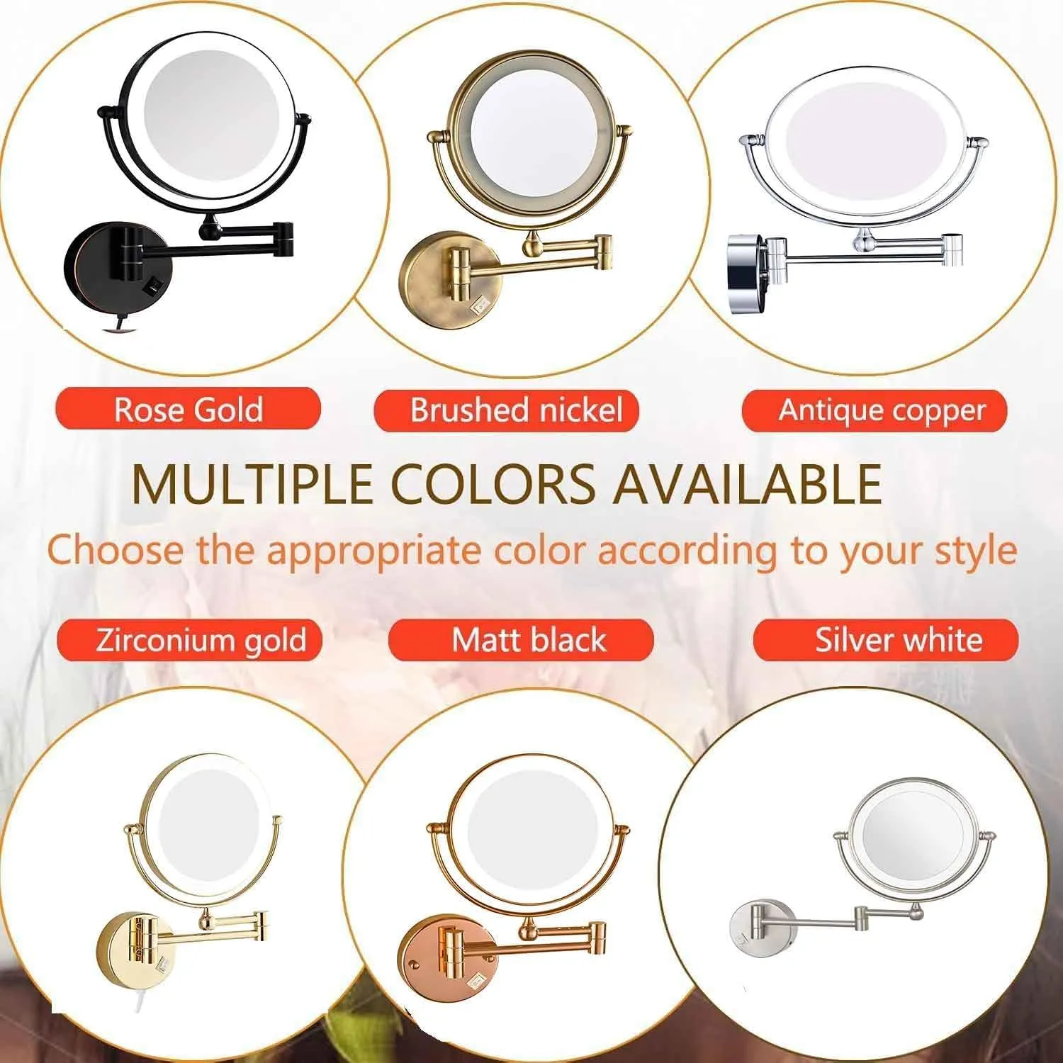 Makeup Mirror with Lights and Magnification 8 inch Double-Sided Brass Bathroom 360° Swivel Extendable Wall-Mounted LED Vanity MirrorRose Gold 10X(Gold,5X)