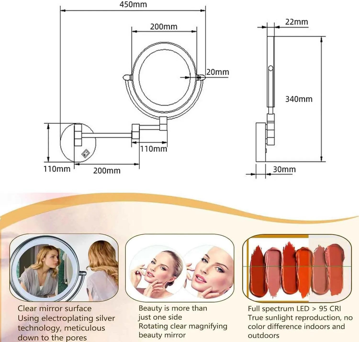 Makeup Mirror with Lights and Magnification 8 inch Double-Sided Brass Bathroom 360° Swivel Extendable Wall-Mounted LED Vanity MirrorRose Gold 10X(Gold,5X)