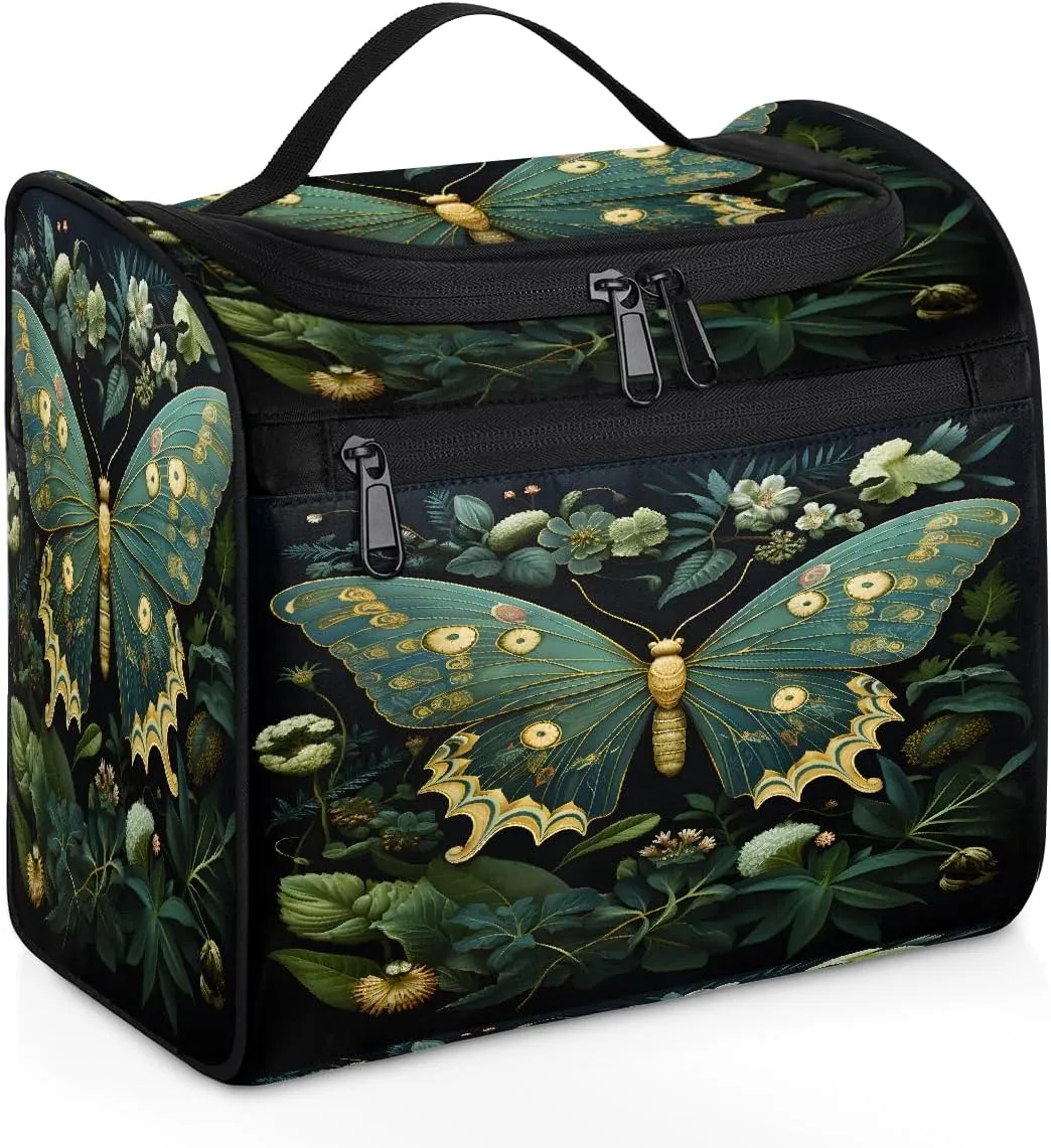 Makeup Organizer Bag Green Botany Butterfly Large Cosmetic Bag for Women Men Hanging Makeup Case with Handle, Double Zipper Cosmetic Case for Travel Vacations Gift