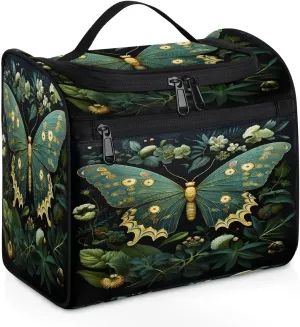 Makeup Organizer Bag Green Botany Butterfly Large Cosmetic Bag for Women Men Hanging Makeup Case with Handle, Double Zipper Cosmetic Case for Travel Vacations Gift