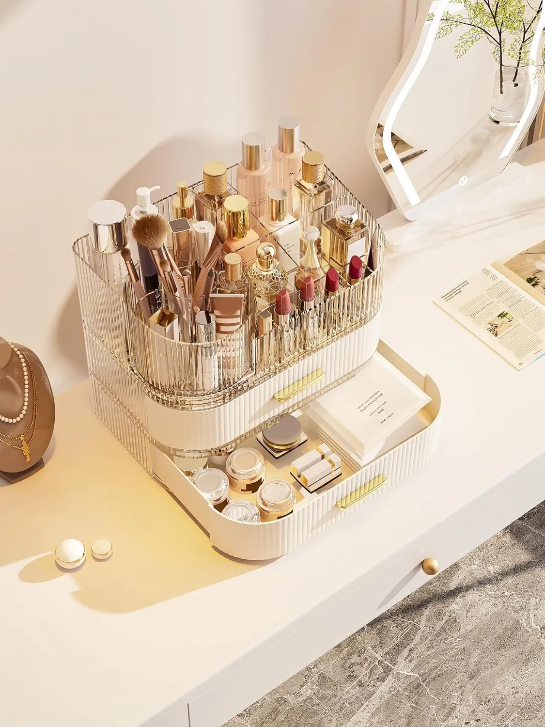 Makeup Organizer with Stackable Drawer, 360 Rotating Makeup Brush Holder, 11-inch Wide Large Cosmetic Display Case, Skincare Organizers and Storage for Dresser, Vanity, Bathroom Countertop