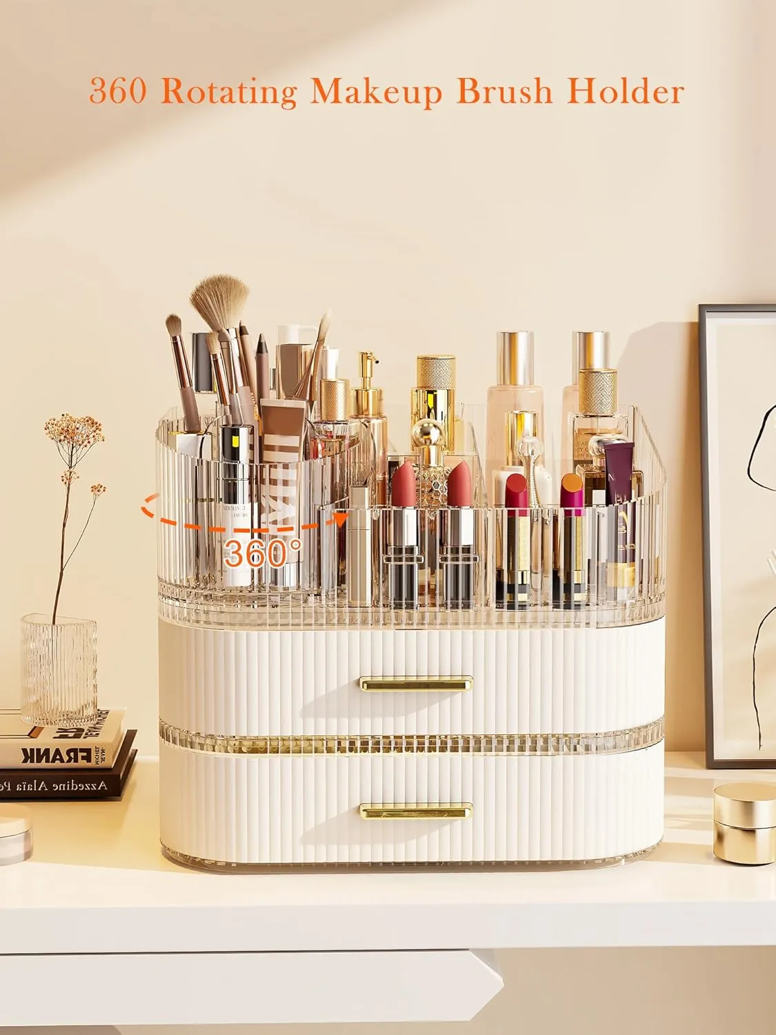 Makeup Organizer with Stackable Drawer, 360 Rotating Makeup Brush Holder, 11-inch Wide Large Cosmetic Display Case, Skincare Organizers and Storage for Dresser, Vanity, Bathroom Countertop