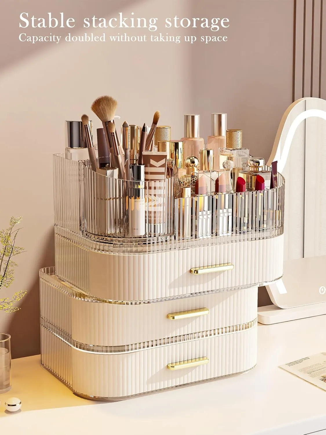 Makeup Organizer with Stackable Drawer, 360 Rotating Makeup Brush Holder, 11-inch Wide Large Cosmetic Display Case, Skincare Organizers and Storage for Dresser, Vanity, Bathroom Countertop