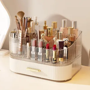 Makeup Organizer with Stackable Drawer, 360 Rotating Makeup Brush Holder, 11-inch Wide Large Cosmetic Display Case, Skincare Organizers and Storage for Dresser, Vanity, Bathroom Countertop