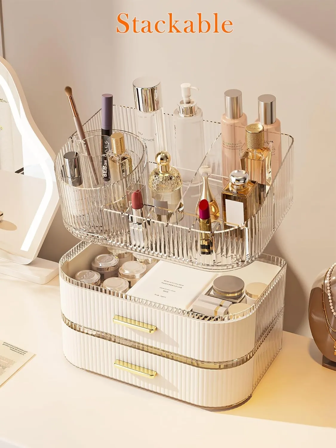 Makeup Organizer with Stackable Drawer, 360 Rotating Makeup Brush Holder, 11-inch Wide Large Cosmetic Display Case, Skincare Organizers and Storage for Dresser, Vanity, Bathroom Countertop