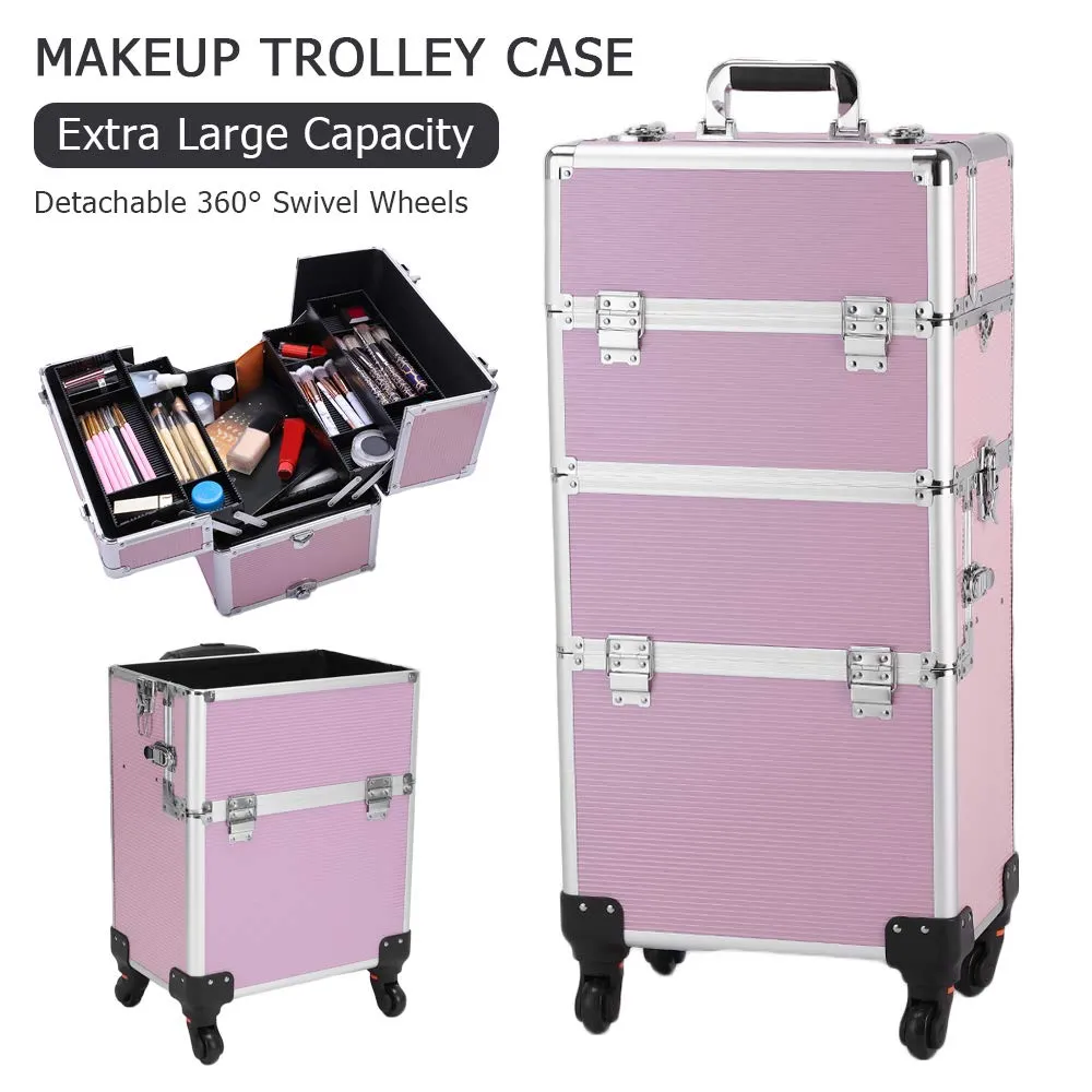 Makeup Train Case, 3 in 1 Professional Rolling Makeup Trolley Case Jewelry Cosmetic Storage Case (Pink)