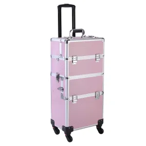 Makeup Train Case, 3 in 1 Professional Rolling Makeup Trolley Case Jewelry Cosmetic Storage Case (Pink)