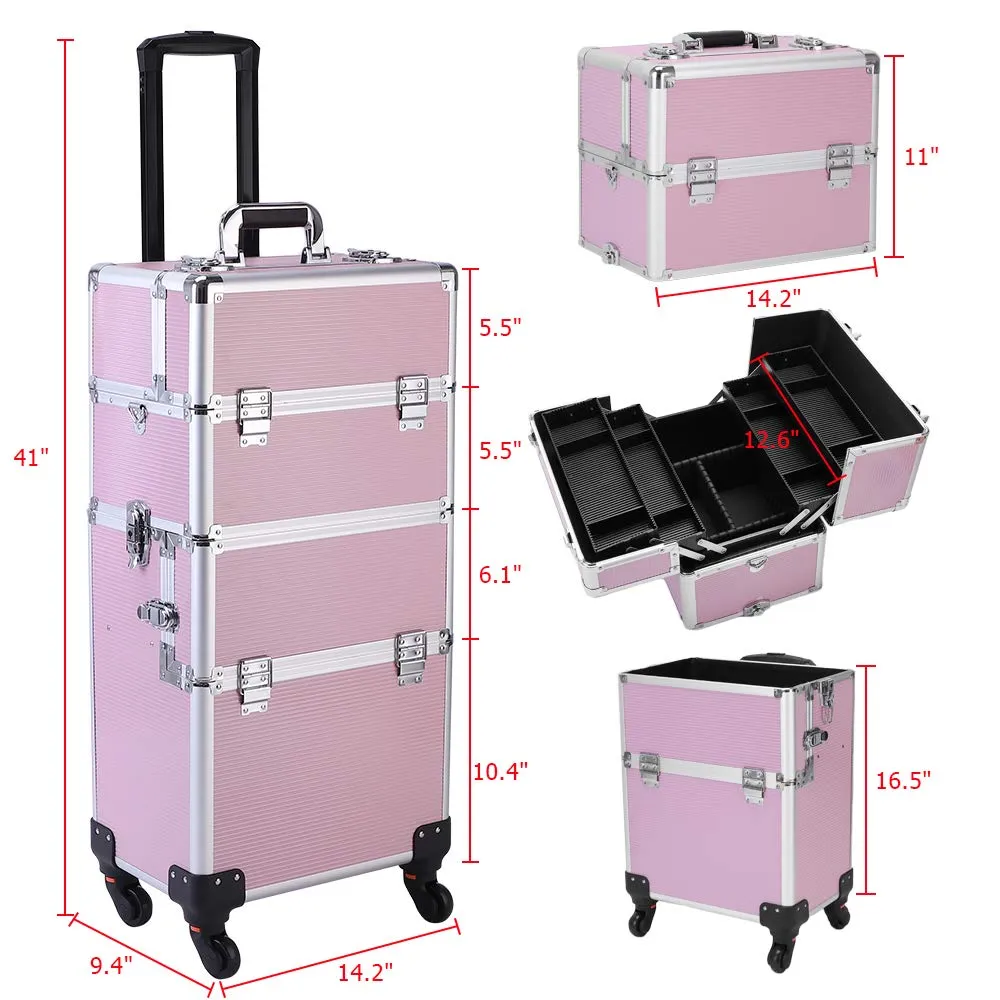 Makeup Train Case, 3 in 1 Professional Rolling Makeup Trolley Case Jewelry Cosmetic Storage Case (Pink)