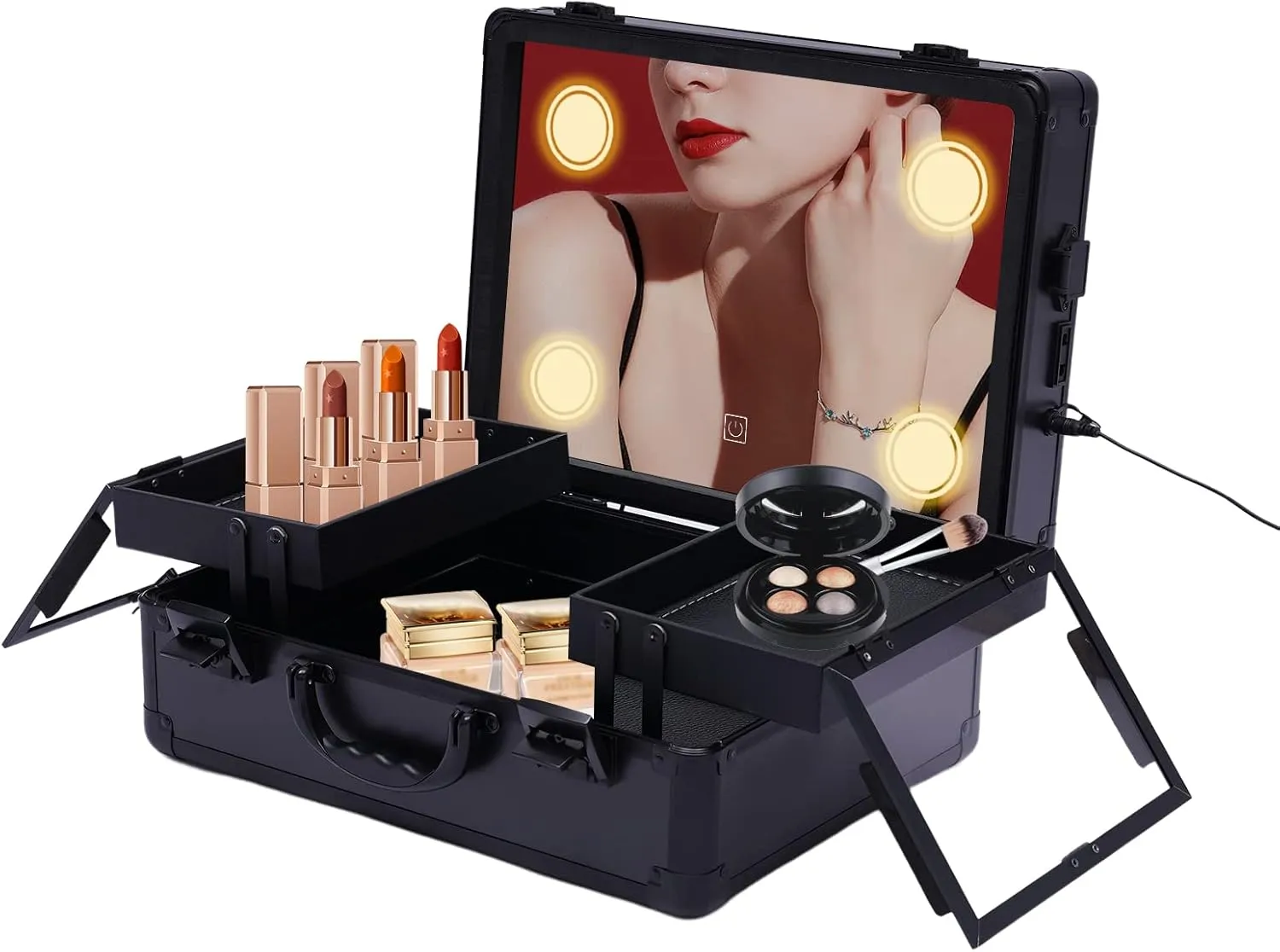 Makeup Train Case With 4 LED Lights & Mirror,Professional Cosmetic Organizer Box, Large Capacity Zoned Storage,Multi-Functional Rolling Makeup Organizer For Makeup Artist,Hairstylist(Black)