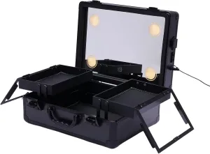 Makeup Train Case With 4 LED Lights & Mirror,Professional Cosmetic Organizer Box, Large Capacity Zoned Storage,Multi-Functional Rolling Makeup Organizer For Makeup Artist,Hairstylist(Black)