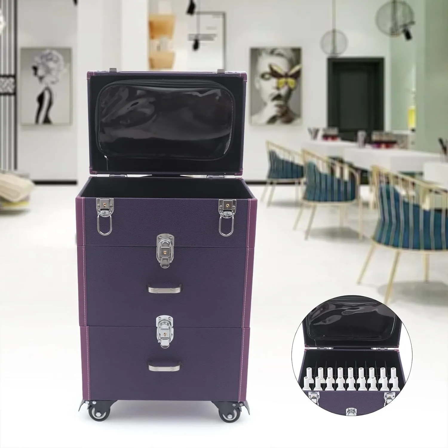 Makeup Train Case,Makeup Case on Wheels,Rolling Makeup Case with 45 Compartments and 3 Storage Layers,Travel Cosmetic Train Case for Beauty Blogger Make up Artist Hairstylist(Purple)
