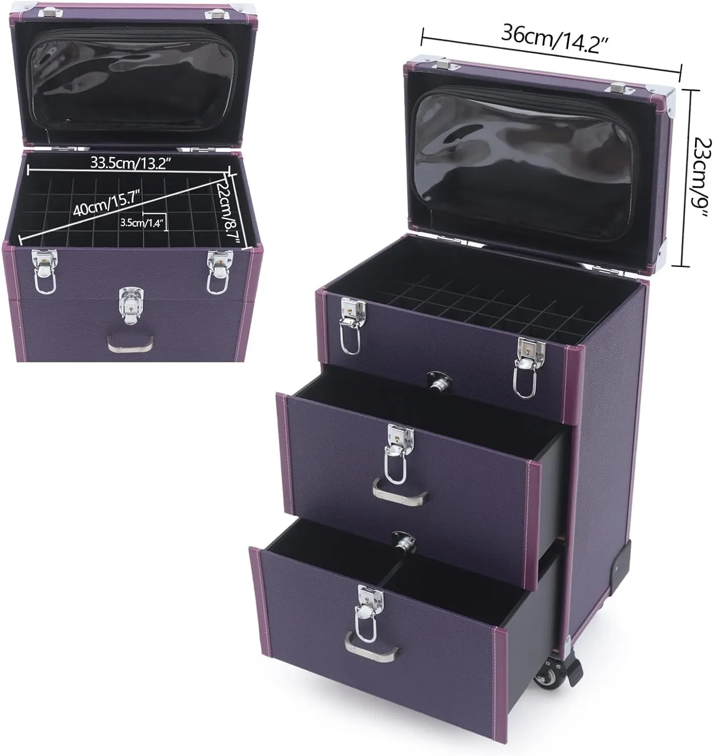 Makeup Train Case,Makeup Case on Wheels,Rolling Makeup Case with 45 Compartments and 3 Storage Layers,Travel Cosmetic Train Case for Beauty Blogger Make up Artist Hairstylist(Purple)
