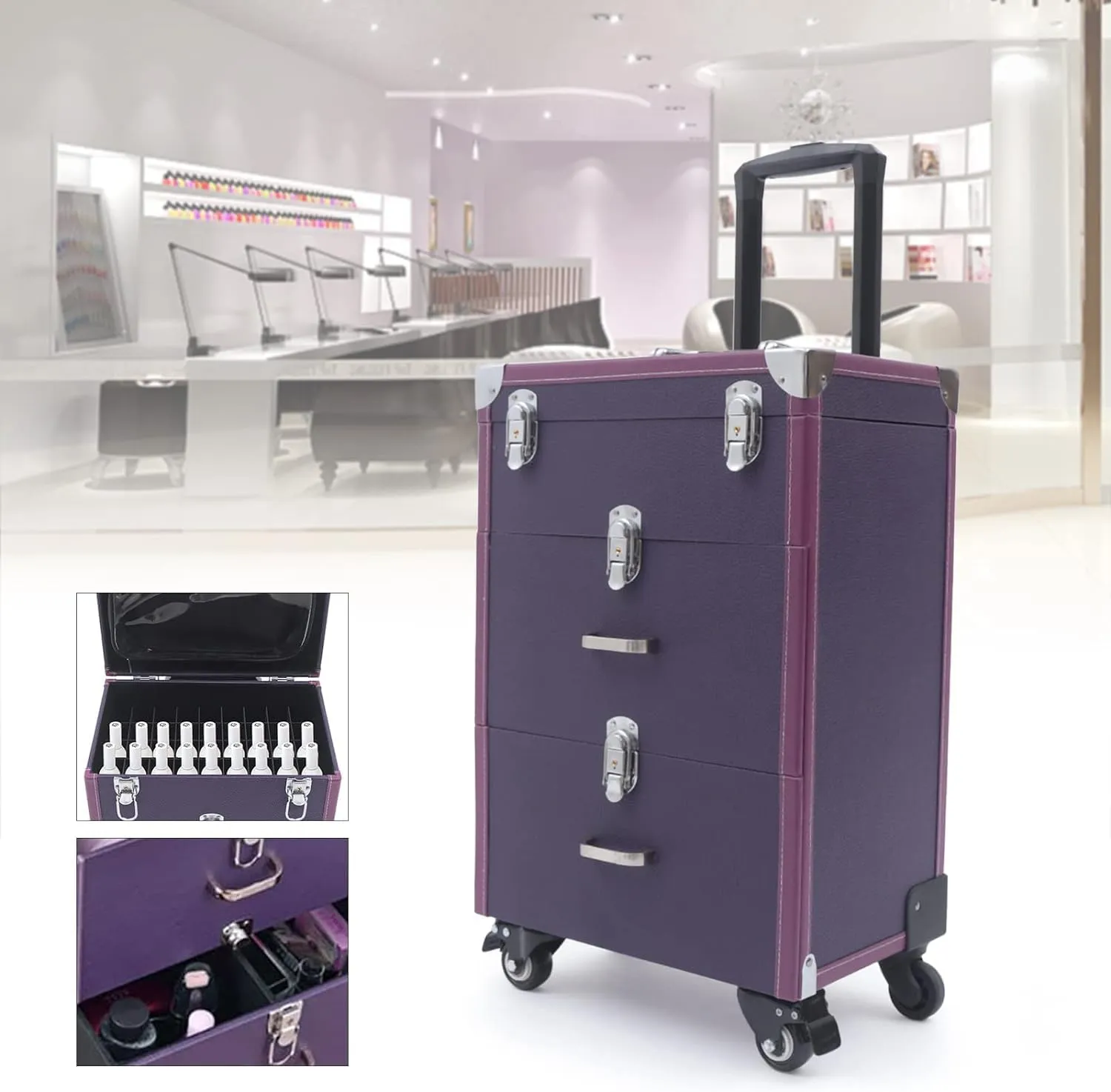 Makeup Train Case,Makeup Case on Wheels,Rolling Makeup Case with 45 Compartments and 3 Storage Layers,Travel Cosmetic Train Case for Beauty Blogger Make up Artist Hairstylist(Purple)