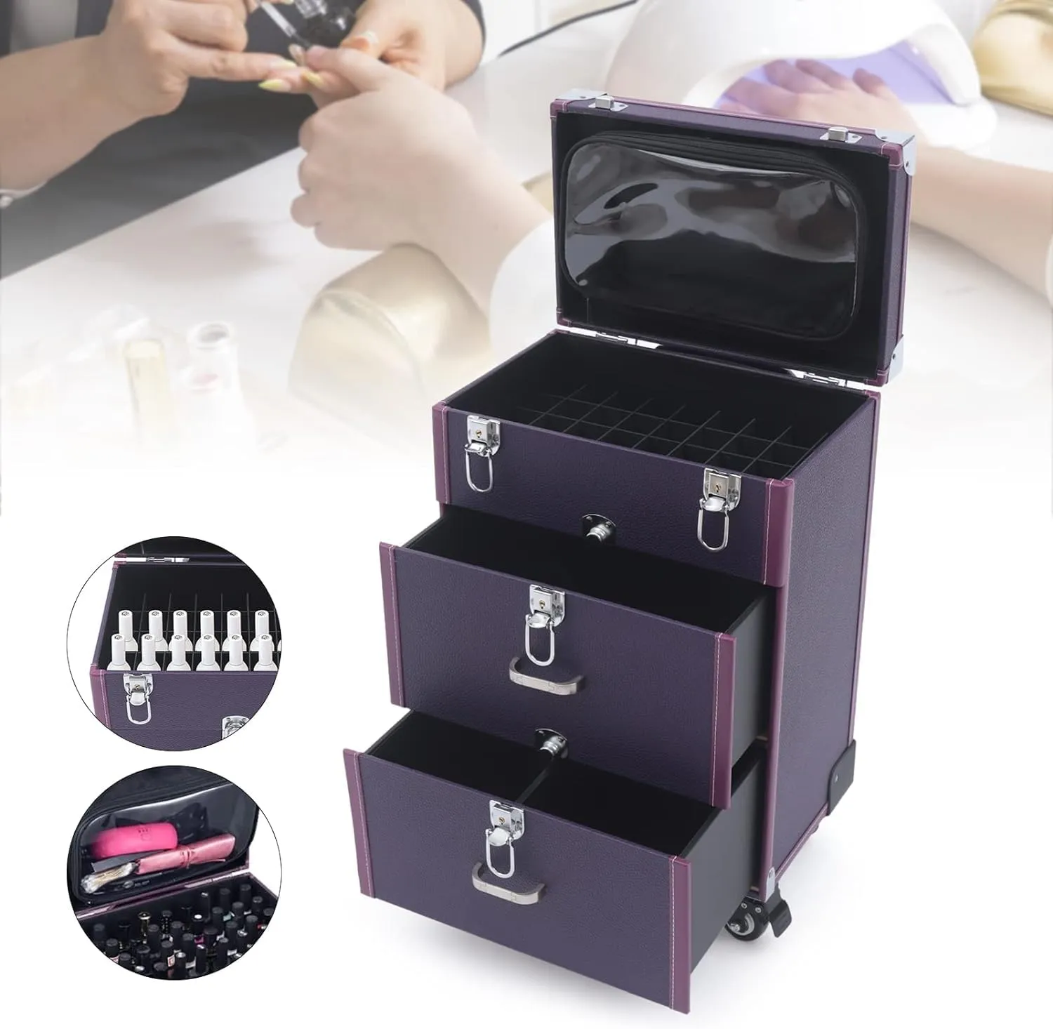 Makeup Train Case,Makeup Case on Wheels,Rolling Makeup Case with 45 Compartments and 3 Storage Layers,Travel Cosmetic Train Case for Beauty Blogger Make up Artist Hairstylist(Purple)